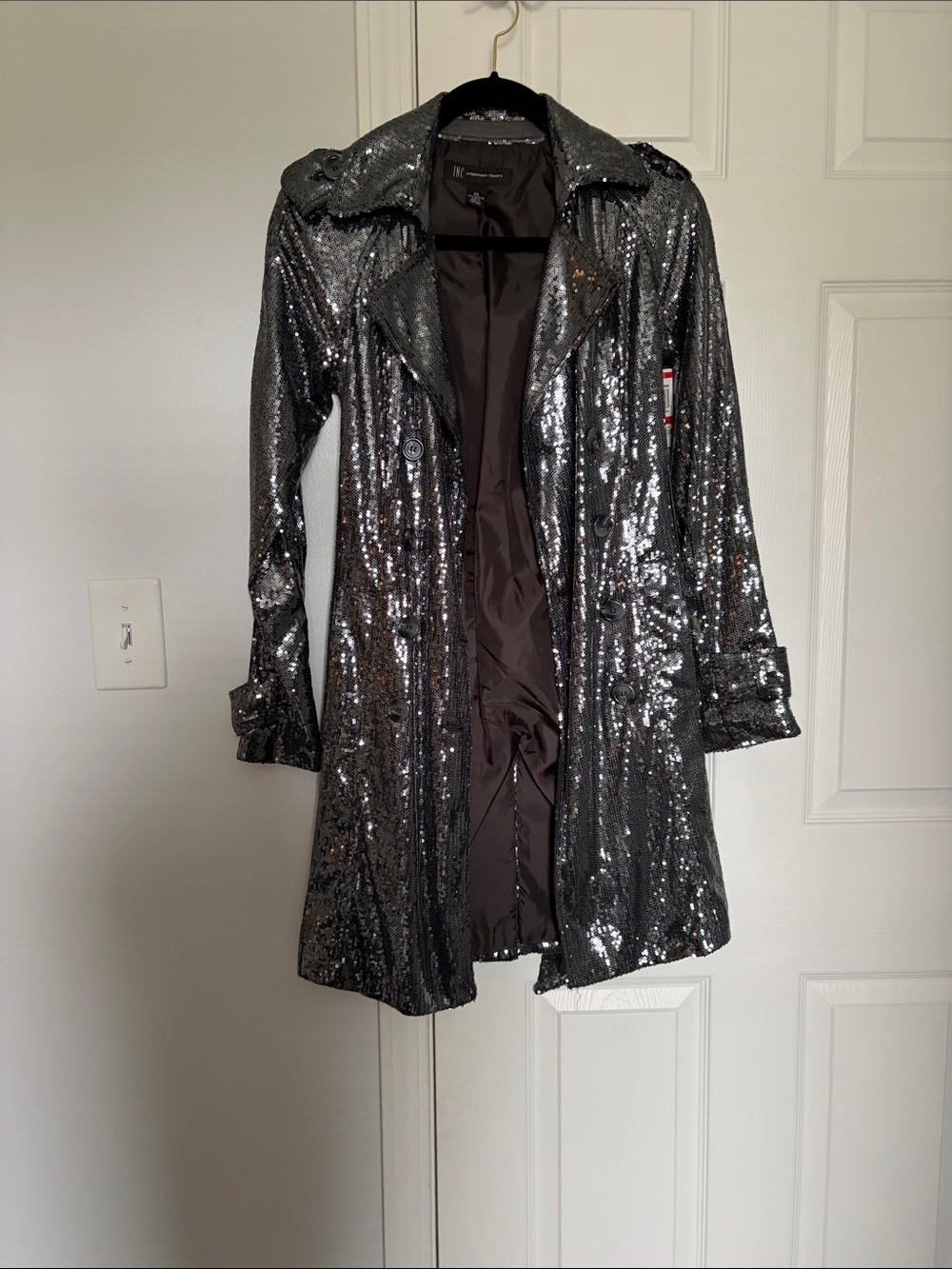 INC International Concepts Silver Sequin Trench Coat